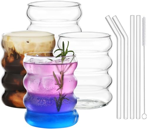 ALINK Kleine 350ml Gerippte Trinkgläser mit Glasstrohhalmen 4er Set, Kompakte Eiskaffeegläser, Wave Gläser Tumbler, Wassergläser, Longdrinkgläser, Trinkgläser, für Cocktail, Wasser, Soda, Geschenk