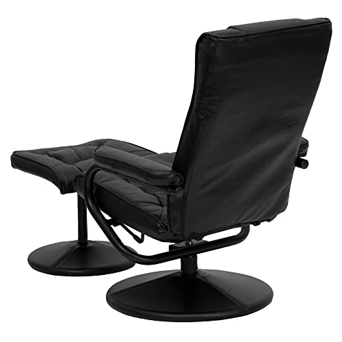 Offex Contemporary Black Leather Recliner And Ottoman With Leather Wrapped Base #TOP6