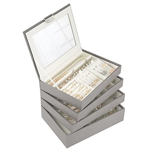 Allinside Stackable Jewelry Tray Box Sets Organizer with Mirror Lid, PU Leather Jewelry Storage Display Case for Drawer Dresser, Jewelry Holder Trays for Earring Ring Necklace Watch, Set of 4, Gray