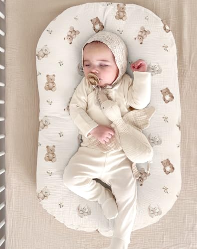 Image of Muslin Baby Lounger Cover 2 Pack, Soft Breathable Newborn Lounger Pillow Cover for Boys Girls Infant (Teddy & Friends)