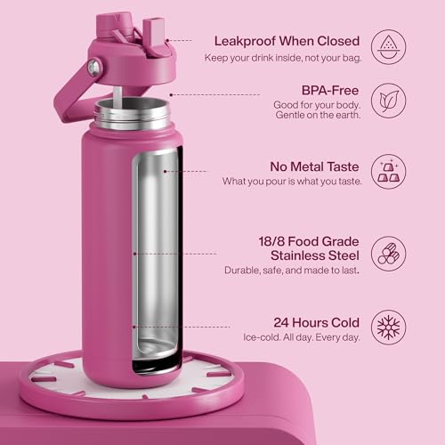 Image of ENCOOL Insulated Water Bottle with Straw Stainless Steel Water Bottle, Leak-Proof, BPA-Free, Double Wall Vacuum Keeps Cold for 24 Hours for Sports, Travel, School (32 oz, Turkish Rose)