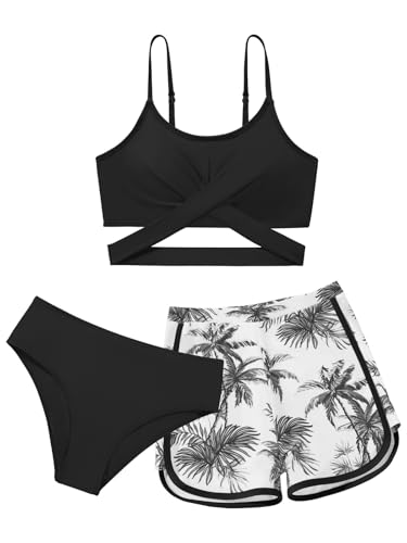 Image of Girl's 3 Piece Bikini Set Cross Strap Swimsuits for Girls Bathing Suit with Shorts Teen Swimwear Swimming Suit