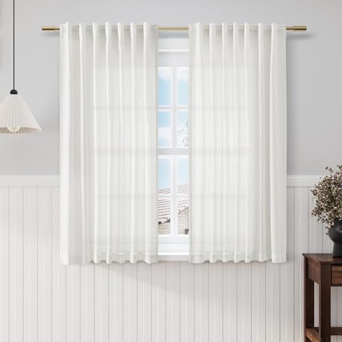 Image of Nanspring Off White Cafe Curtains 54 Inch Length Set 2 Panel Back Tab Pocket Semi Sheer Short Linen White Curtain Tiers for Small Bathroom Window Basement 52x54