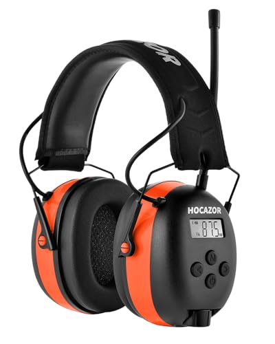 Hocazor HP033 Bluetooth 5.4 Hearing Protection AM FM Radio Headphones, 25dB NRR Noise Reduction Safety Earmuffs with 2000mAh Rechargeable Battery for Mowing Workshops, Orange