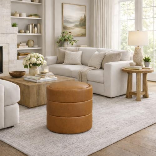Image of HomePop 18 inch Storage Round Ottoman - Carmel Faux Leather