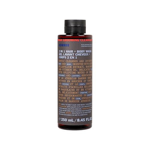 KORRES ATHENIAN GROOMING 2-in-1 Shampoo and Shower Gel for Men, Moisturising and Detangling, with Invigorating Notes of Fresh Bergamot and Leather, Silicone and Paraben Free, 250 ml