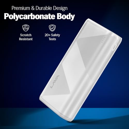 Image of Lava POWERMAX [20000mAh] 22.5W Premium Fast Charging Power Bank with Triple Charging Ports, Superior Graphic Design, Strong Polycarbonate Body & BIS Certified, Made in India (White)