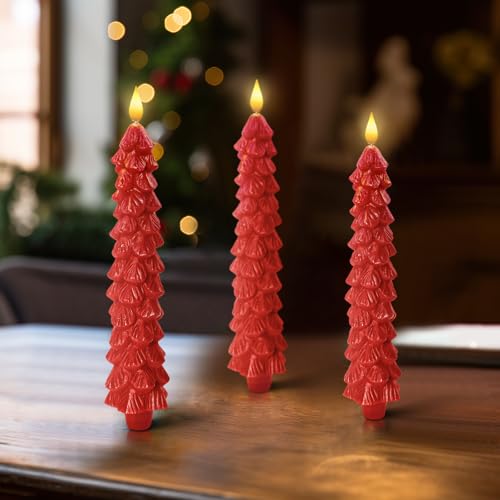 Image of Homemory 3 Pcs Christmas Tree Candles with Remote, Waxy Flameless Taper Candles Flickering, Red LED Candlesticks Battery Operated for New Year Celebration Holiday Decorations 9.7 Inches