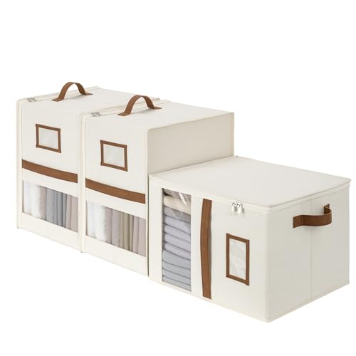 StorageWorks 3-Pack Bed Sheet Organizers and Storage, Foldable Bedsheet Holder for Linen Closet, Bedding Container with Handle, Beige, 15