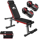 CuteeFox 商品 トレーニングベンチ＋可変式 ダンベル 24KG アジャスタブルダンベル 2個セット 2.5～24KG 15段階調節 5秒で重量調整 クイックダンベル 折り畳み 筋トレ フラットベンチ 角度調節簡単 腹筋 背筋 ダンベルベンチ 収納便利 PD24 (赤)