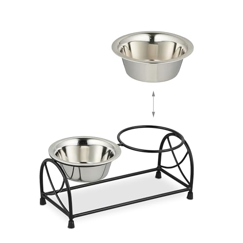 Relaxdays Futterstation Hund, Napfständer kleine Hunde, Hundebar 2 Edelstahlnäpfe je 400ml, Futterbar, schwarz/Silber