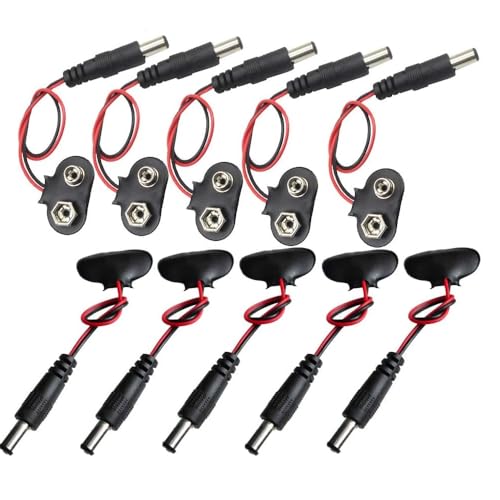 Conector de batería de 9 V con conector DC 5.5x2.1 mm, Cable Adaptador de bateria Arduino 9V, Conector Tipo T, portapilas 9V, Apto para 1 Pila 6F22, 6HR61, 6LR61 de 9V, Pack de 10 Unidades