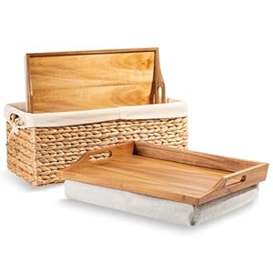 ROSSIE Home Acacia Wood Bed Tray Lap Desk – Set of Two – with Hyacinth Storage Basket – Natural – Fits up to 15.6 Inch Laptops – Style No. 70106