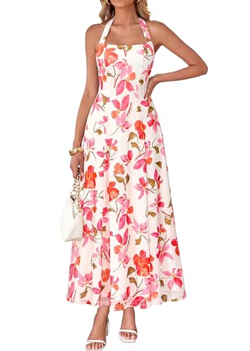 KIRUNDO Women's Summer Sleeveless Halter Floral Maxi Dress 2026 Beach Wedding Guest Cocktail Mesh Flowy A Line Long Sundress(White, Large)