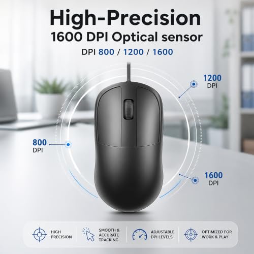 Image of Ant Globe 18 Wired Optical Mouse, USB Type C Computer Mouse with Adjustable 1600 DPI Sensor, Ergonomic Lightweight Corded Office Mouse with 1.2m Cable for Laptop, PC, Desktop,Windows,Mac &Linux, Black