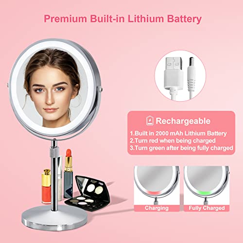 Furgatti Lighted Rechargeable Vanity Mirror With 3 Color Light Modes, 360 Rotation, Height Adjustable, 1X/10X Magnification, Light Up Led Vanity Mirror With Touch Control For Makeup, Silver Upgrade #TOP6