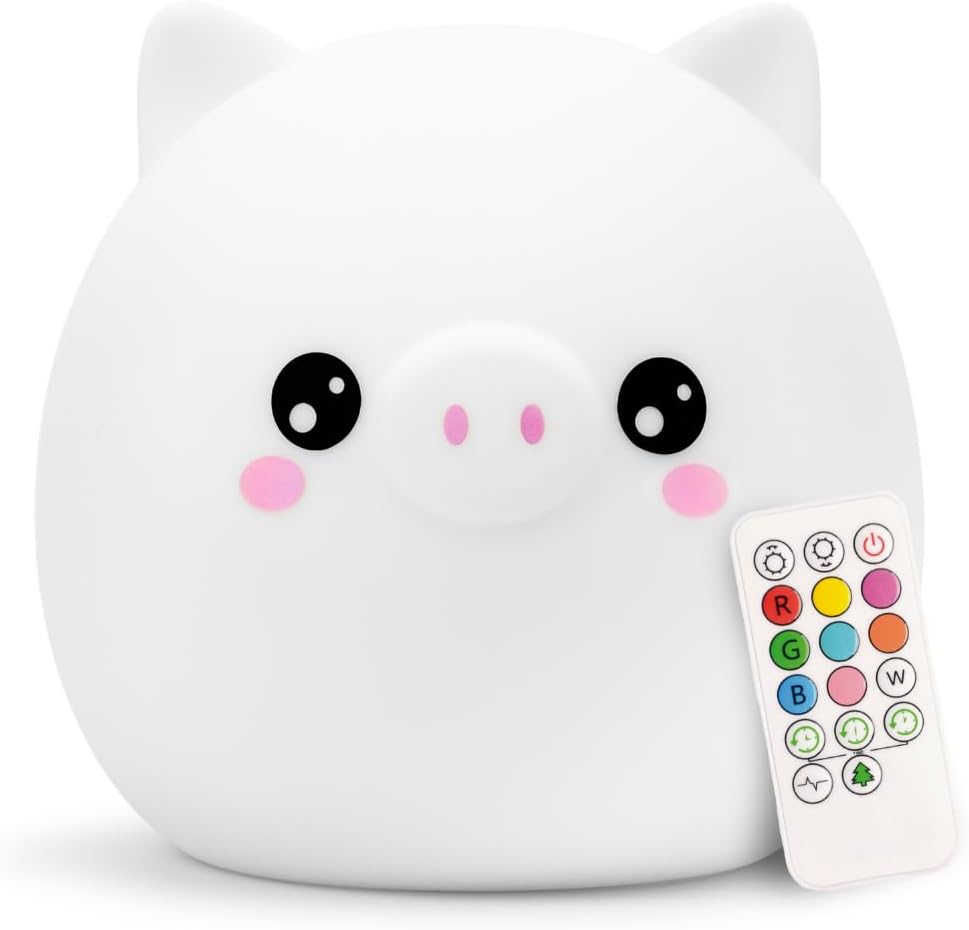 Lumipets Remote Control Silicone Night Light for Kids - Pig Design with 9 Soft Colors & Sleep Timer - Rechargeable, Battery-Operated Lamp for Bedroom | Baby Nursery, Toddler, Girls, Boys
