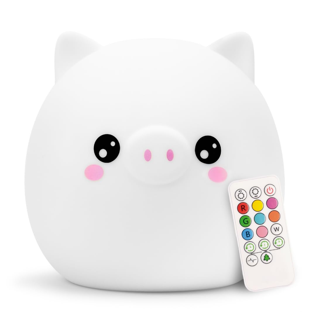 Lumipets Remote Control Silicone Night Light for Kids - Pig Design with 9 Soft Colors & Sleep Timer - Rechargeable, Battery-Operated Lamp for Bedroom | Baby Nursery, Toddler, Girls, Boys