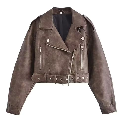 Valtorixia Women's Cropped Faux Leather Jacket Bomber Casual Zip Up Coat PU Moto Bike Outwear with Belt