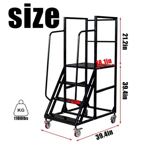 Image of Rolling Ladder with Wheels, Mobile Rolling Stairs with Handrail for Industrial Warehouse, Rolling Steps Ladder with Fence, for High Shelf Aisles, Warehouses, Supermarkets, Libraries (Black, 4 Steps)