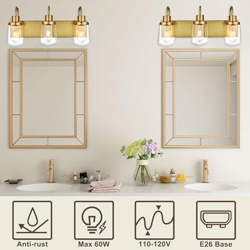 Image of Yaohong Modern Bathroom Vanity Light, 3 Light Bathroom Light Fixture Over Mirror, Gold Bathroom Light with Glass Shade for Bedroom Vanity Cabinet Hallway Stairs