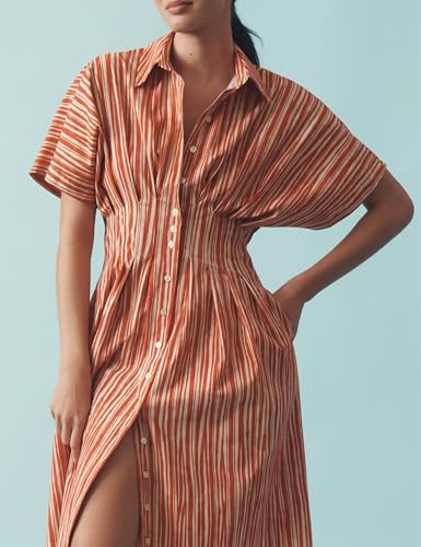 Image of SAFRISIOR Women Button Front Pleated Shirt Dress Brown Summer Striped Short Sleeve Lapel V Neck Corset Maxi Dress