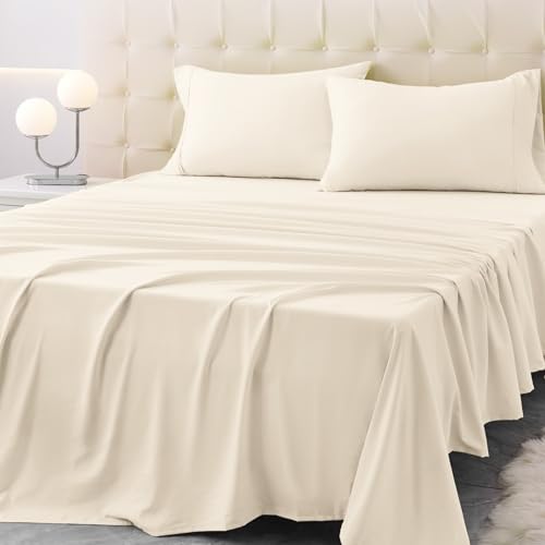 Homilay King Size Bed Sheet Set - 4 Piece Soft Microfiber Sheets with Deep Pockets Cooling Technology and Wrinkle-Free Pillowcase. Hotel-Quality Durable Bedding Cream