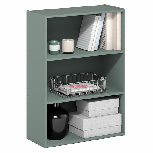 Image of Furinno PASIR Book Shelf, 3-Tier Bookshelf, Storage Shelves Bookcase, 9.7 x 23.7 x 31.5, for Living Room, Bedroom, Home Office, Sage Green