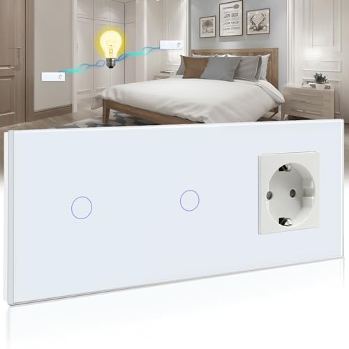 BSEED Touch Lichtschalter mit Schuko Steckdose mit LED Anzeiger doppelte 1 Fach 2 Wege Glas Lichtschalter mit eine Wandsteckdosen Weiß 228mm