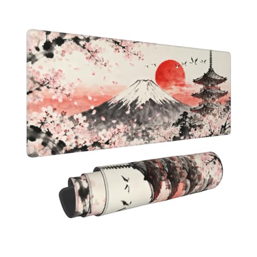 Image of Japanese Cherry Blossoms Mouse Pad 31.5x11.8 XL Black Gray Pink Red Watercolor Design Extended Large Mousepad Keyboard Mouse Mat Desk Pad with Non-Slip Rubber Base Stitched Edges for Home Office Game