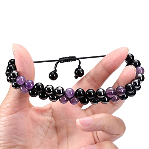 Jovivi Healing Crystal Bracelets 8Mm Genuine Amethyst Black Obsidian Hematite Bracelet 16Mm Amethyst Round Bead Pendant Necklaces With Adjustable Rope Energy Crystal Stone Jewelry For Men Women Good Luck Wealth #TOP6