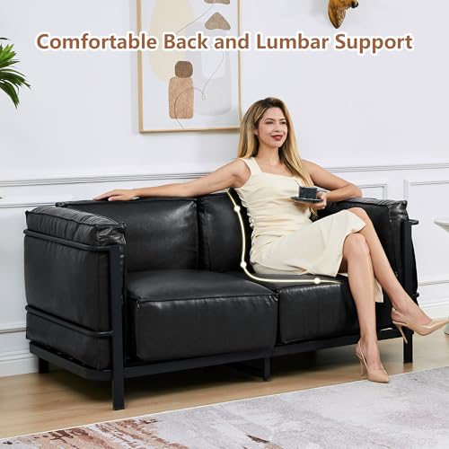 Image of QHITTY Loveseat Sofa, Mid-Century Modern Upholstered Couch Chair Faux Leather Sofa Couch with Iron Frame and Upholstered Armrest Backrest Cushion for Living Room, Office, Apartment (Black)