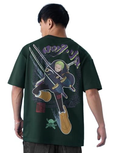 The Souled Store One Piece: Roronoa Zoro Men and Boys Short Sleeves Round Neck Green Graphic Printed Heavy Gauge Fabric Oversized T-Shirt, Roronoa Zoro, Medium