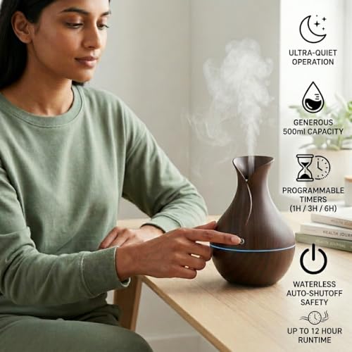 Image of Lakshiv Aroma Diffuser Humidifier for Room & Home with LED Light | Ultrasonic Cool Mist Air Humidifier for Bedroom | Essential Oil Diffuser | Wood Grain Finish | 30ml | Touch Operation