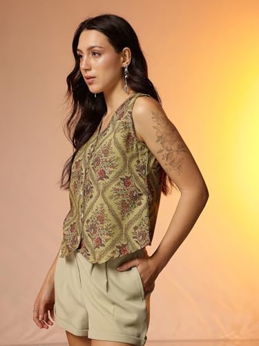 Image of Amazon Brand - INKAST Women Floral Printed Button Down V-Neck Tunic Top|Sleeveless|Ethnic Crop Top