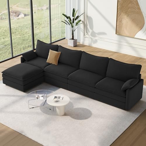 Image of Vesgantti 142 inch Cloud Couch Sectional Modular Sofa, Comfy Sectional Couch with Ottoman Deep Seat Chenille L Shaped Sofa, Modular Couches for Living Room, Bedroom and Apartment, Black