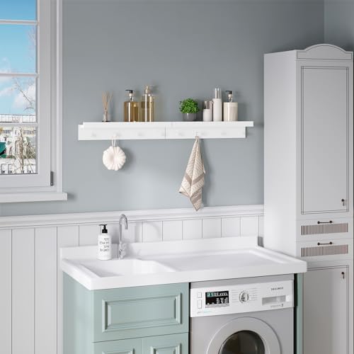 WOLTU Estanteria Pared, Estante Flotante con 4 Ganchos, Balda Pared Colgador, Estanteria Montada a Pared para Cocina, Recibidor, Dormitorio, Blanca, 51x12x10cm, RG9510ws - imagen 3