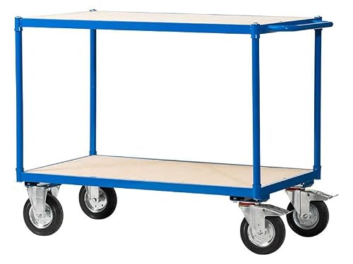 Image of The Workplace Depot Steel Warehouse Cart, Heavy Duty Blue Steel Flatbed Utility Trolley (2 Shelves)