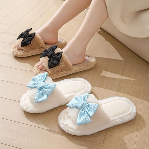 Pink Slippers Women's Sandal Bow Slippers Cotton Plush Fuzzy Bowknot Slides Warm Cute Kawaii Aesthetic Home House Bedroom Shoes Flat Non-Slip Indoor3