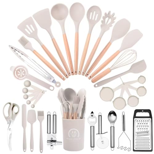 Vegoran Kitchen Utensils Set-34 Pcs,Silicone Cooking Utensils Set for Nonstick Cookware,446?Heat Resistance Silicone Spatulas Set, Wood Handle-Kitchen Gadgets Tools (Khaki)