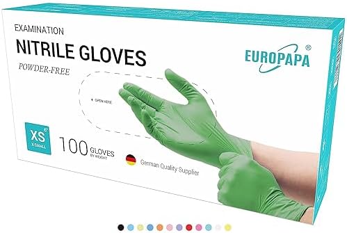 EUROPAPA® Rękawiczki jednorazowe z nitrylu, 100 sztuk, bezpudrowe, bezlateksowe rękawiczki do badań, niesterylne (XS, zielone)