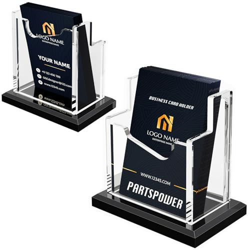 PARTSPOWER 2 Packs Acrylic Business Card Holder for Desk, Vertical Clear Business Name Card Display, Solid Black Acrylic Base, Desktop Accessory Business Name Card Organizers (1-Slot)