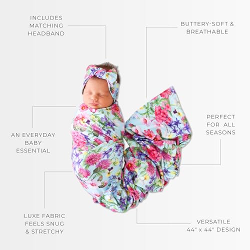 Image of Posh Peanut Soft Baby Swaddle & Headband Set - Viscose from Bamboo Newborn Wrap Receiving Blanket, Nursing or Stroller Cover (Hadley
