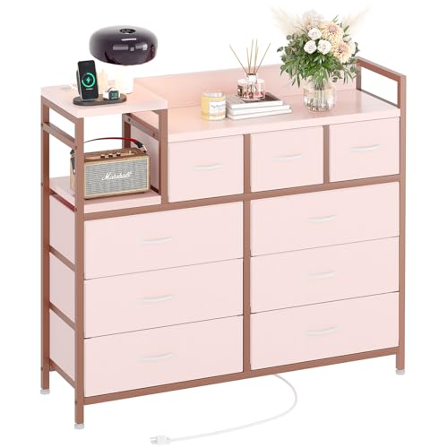 GarveeHome 9-Drawer Storage Bedroom Dresser TV Stand | Multi-Functional with Built-in Charging Station, Tall Dresser for Closet Organization, Kids Room & Apartments, Pink