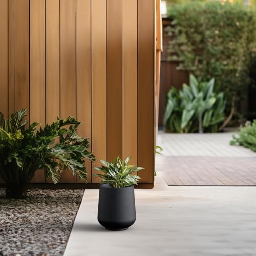 Image of Kante Small Round Curved Black Concrete Planter 9.4 inch Dia, Outdoor | Rubber Plug for Indoor, Drainage for Garden, All-Weather Cement Flower Pot, Handcrafted, Anti-Frost & UV, Modern Home Decor