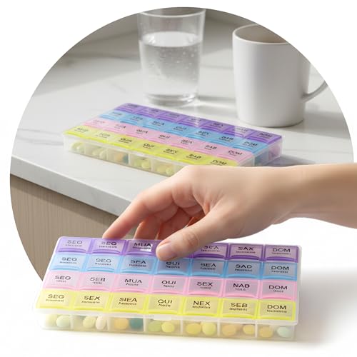 Porta Comprimidos 4x Vezes ao Dia Semanal Organizador de Remédios e Suplementos Plástico Resistente Leve Portátil Ideal Viagens Tratamento Contínuo e Idosos