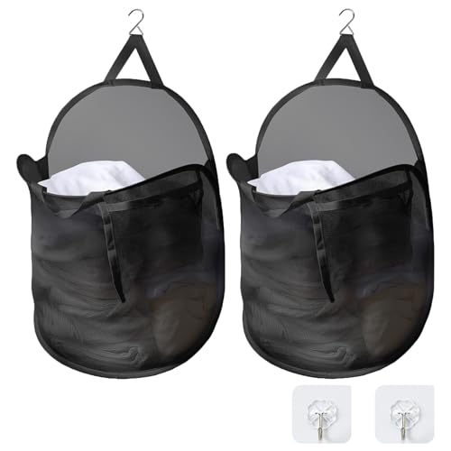 TECHMILLY ランドリーバスケット 壁掛け 洗濯かご 大容量 自立 ランドリーバッグ メッシュ 省スペース 収納 洗濯物 袋 かご 持ち運び可能 軽量 旅行 ゴミ箱 幅さ40CM長さ20CM高さ53CM (ブラック、2PCS)