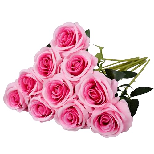 10 Pcs Dark Pink Rose Artificial Flowers, Faux Silk Flower With Long Stems