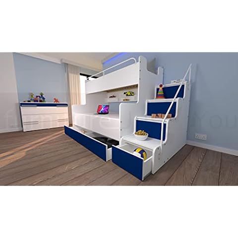 Furniture Just4U Limited Modern Double Triple Bunk Bed Cabin Bed Storage Mattresses Included Bedroom Boy Girl Youth Child (Blue), 80 x 190 cm / 120 x 190 cm, Max 3M Cover