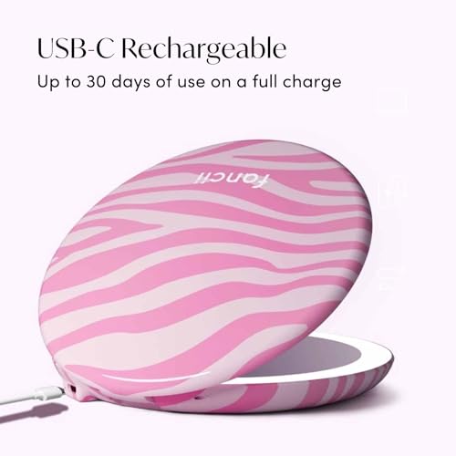 Image of Fancii Taylor LED Lighted Travel Makeup Mirror, Rechargeable, 10x /1x Magnifying, Tru-Glow Lighting System, XL Large 5 inch Wide | Compact Mirror for Purses (Blush Zebra)